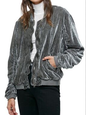 Free People Rouched Velvet Bomber Jacket Women’s Size L Gray Full Zip Pockets